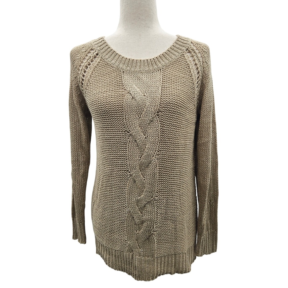 Cyrus Cable Knit‎ Faux Back Button Sweater Long Sleeve Crew Neck Beige Small S